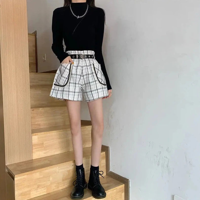 high waist plaid shorts