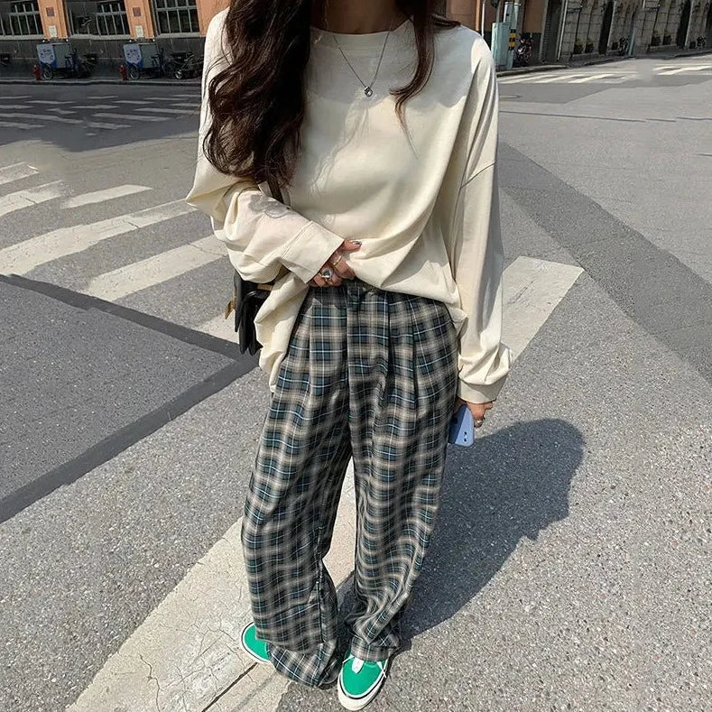 plaid wide leg loose fit pants