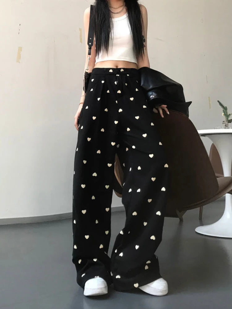 heart print wide leg pants