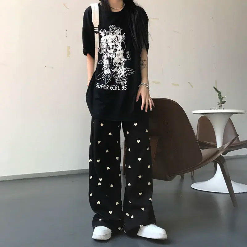 heart print wide leg pants