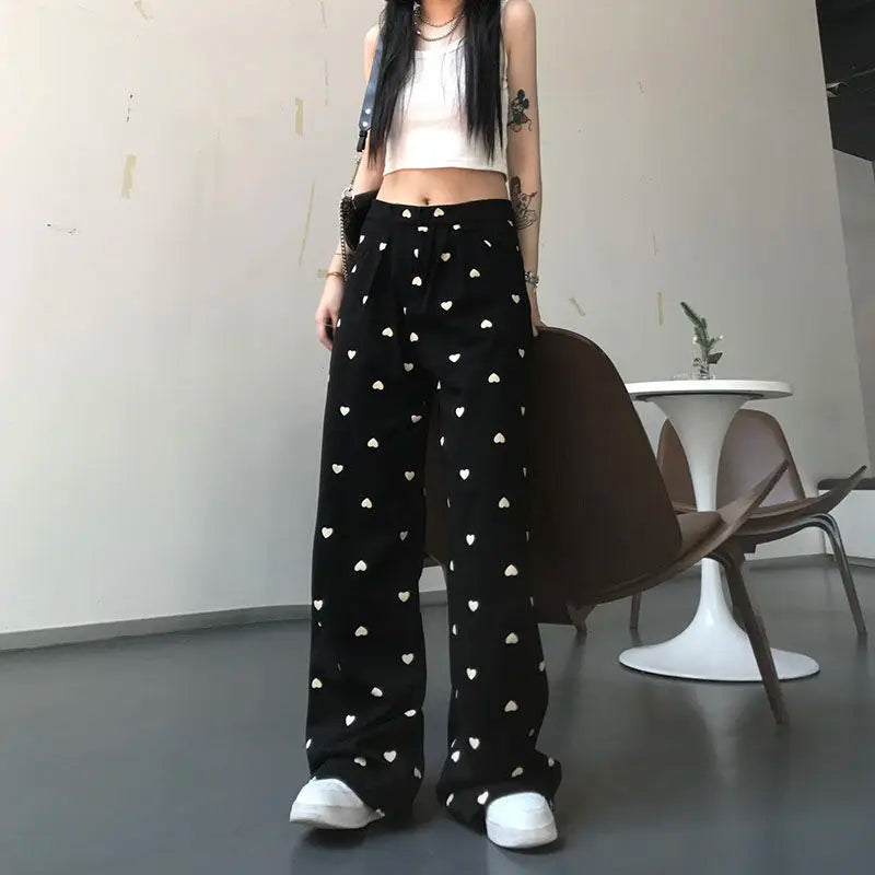 heart print wide leg pants