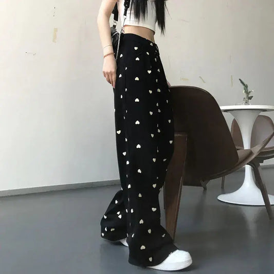 heart print wide leg pants