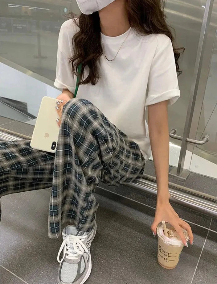 plaid wide leg loose fit pants