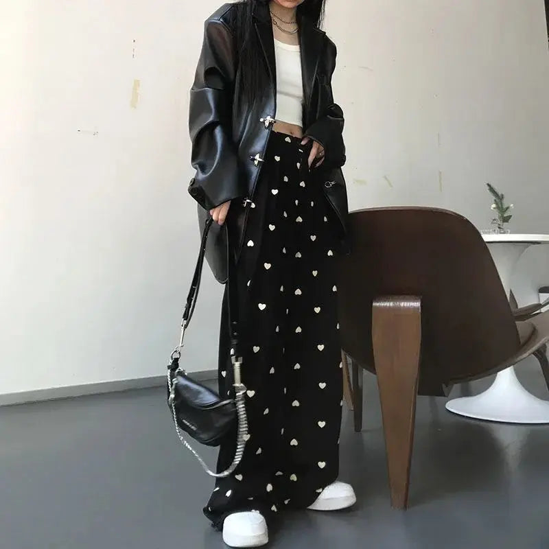 heart print wide leg pants