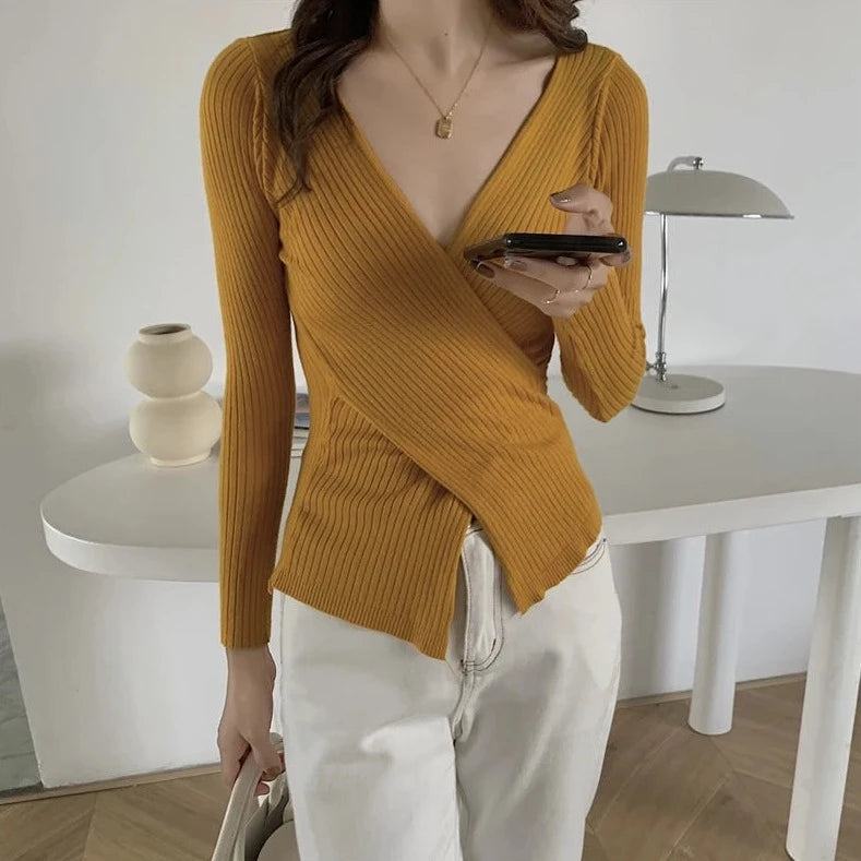 knitted v-neck slim t-shirts