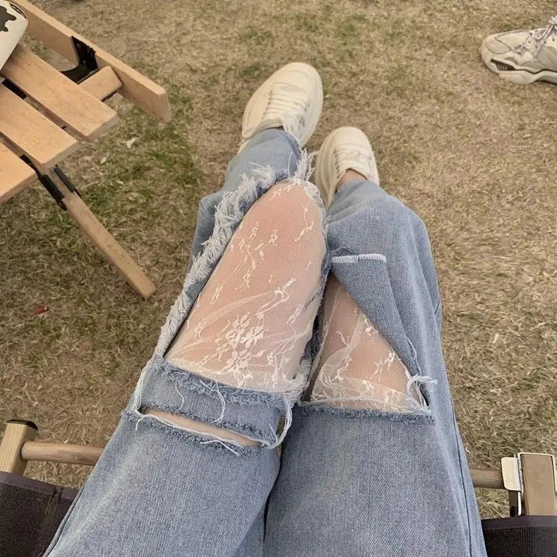 lace decoration ripped jeans