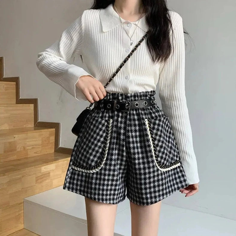 high waist plaid shorts