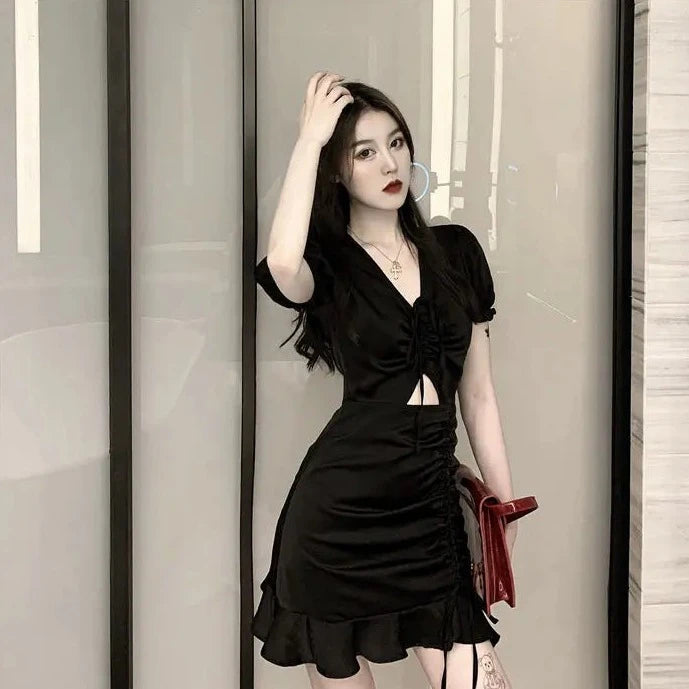 shirring v-neck short sleeve dresses