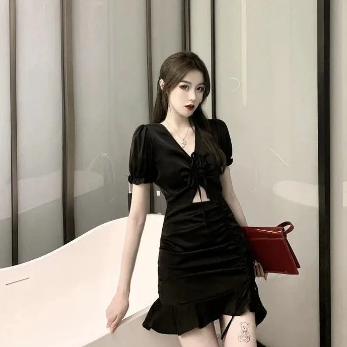 shirring v-neck short sleeve dresses