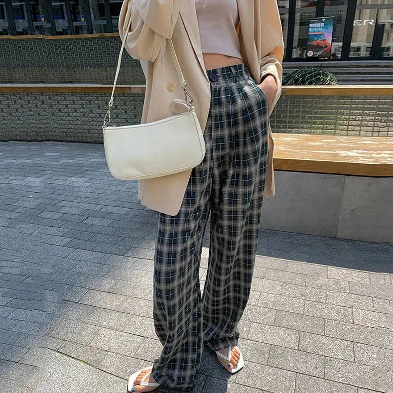 plaid wide leg loose fit pants