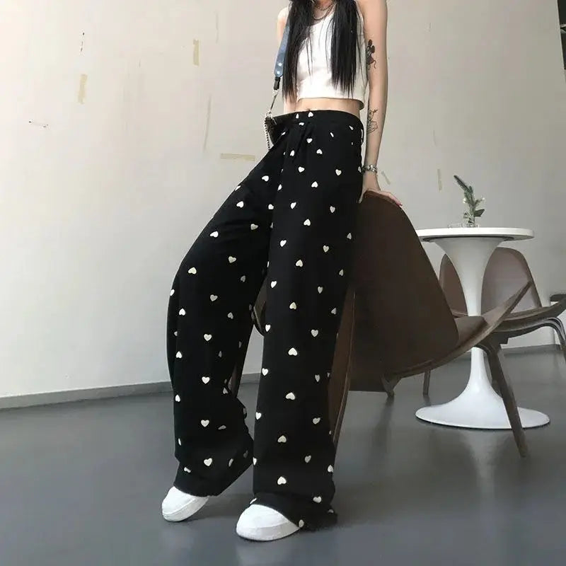 heart print wide leg pants