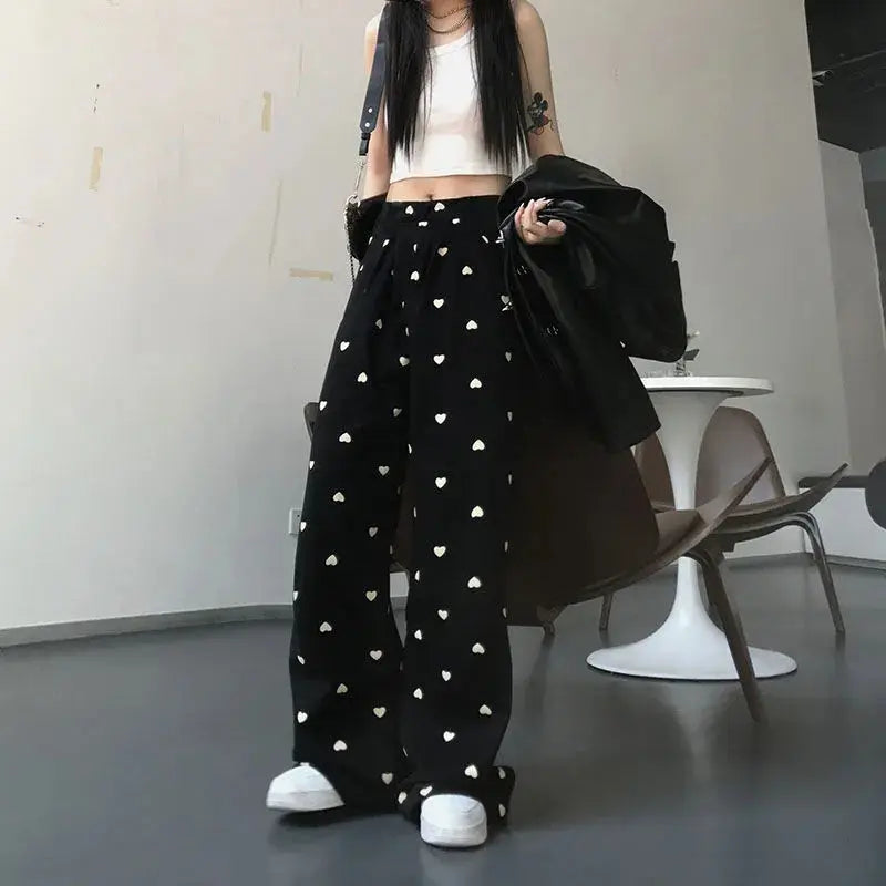 heart print wide leg pants