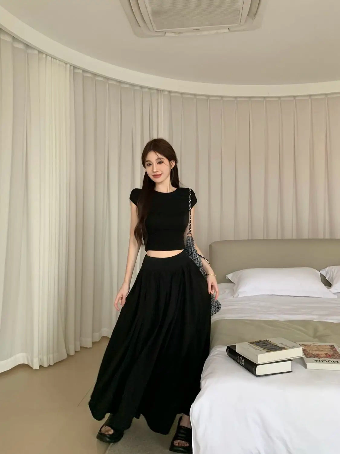 crop t-shirts + long draped skirts sets