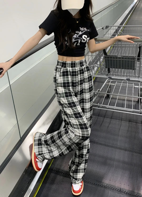 retro black plaid loose pants