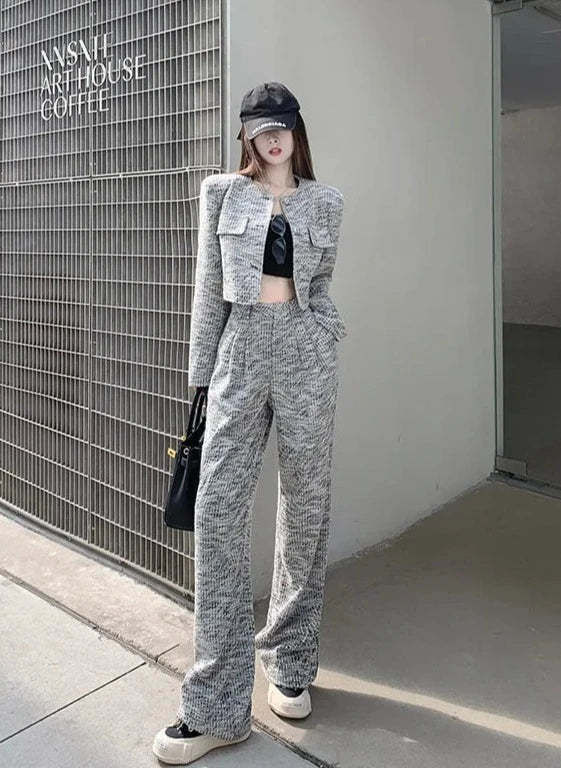 small fragrance tweed  short jacket coat + high waist wide leg pant sets suits