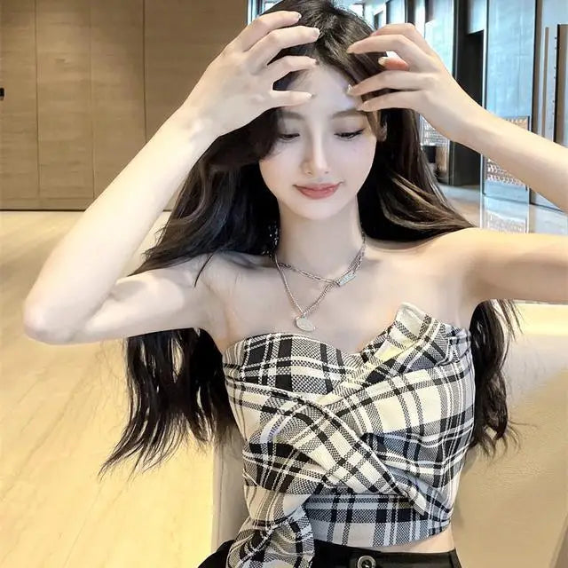 strapless plaid backless crop tops