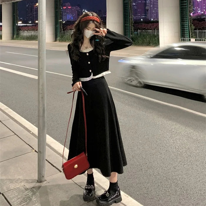 preppy style vintage jacket & simple a-line midi skirts