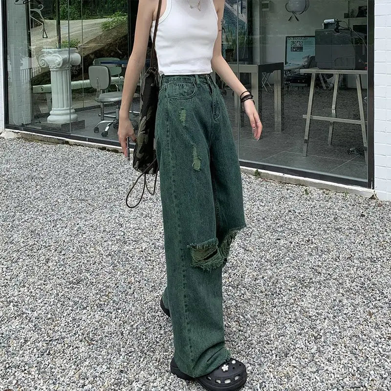 dark green ripped wide leg jeans