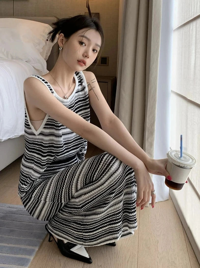 black white gray striped tank top + elastic waist long skirts