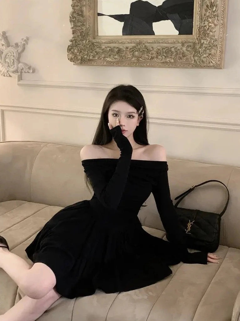 temperament slash neck black dresses