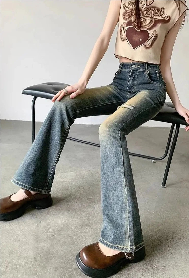 bleached holes flare jeans