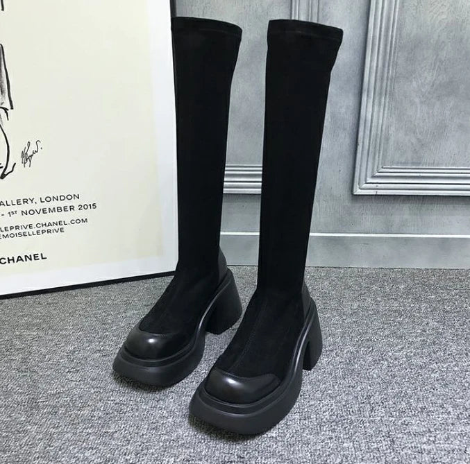 high knee shaft black long boots