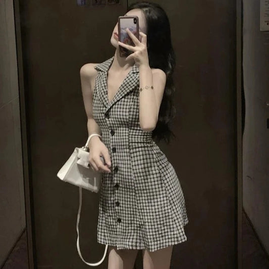 plaid designed sleeveless dresses