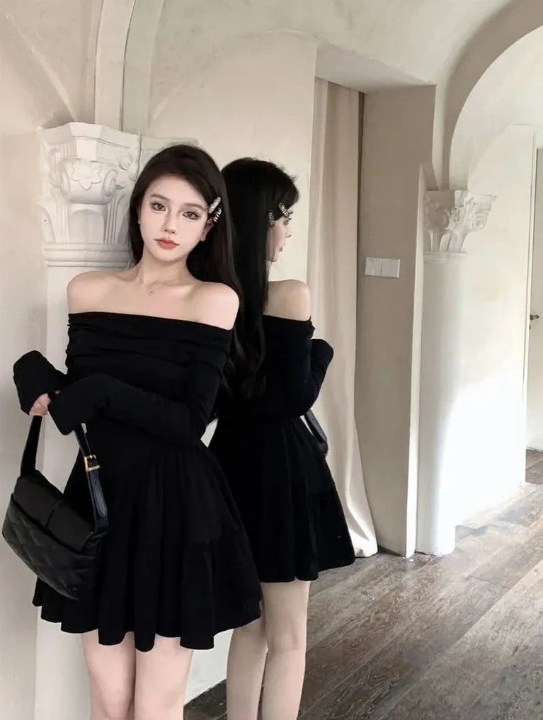 temperament slash neck black dresses