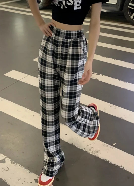 retro black plaid loose pants