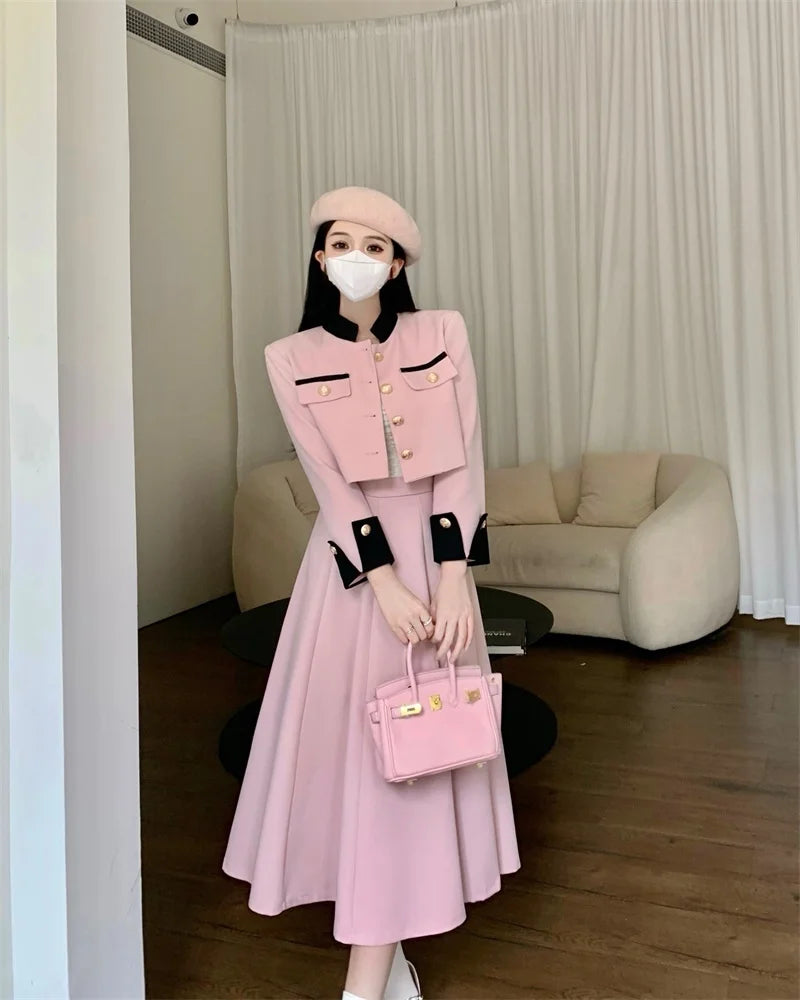 high quality two piece set short jacket coat + long skirt suits