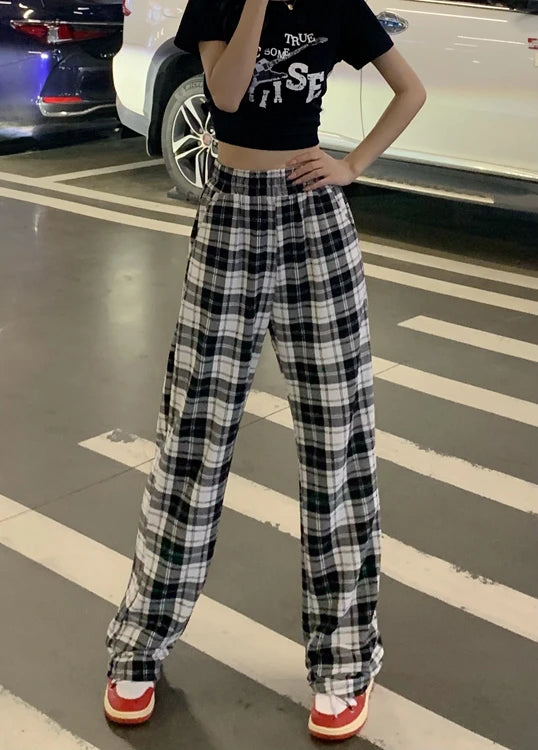 retro black plaid loose pants