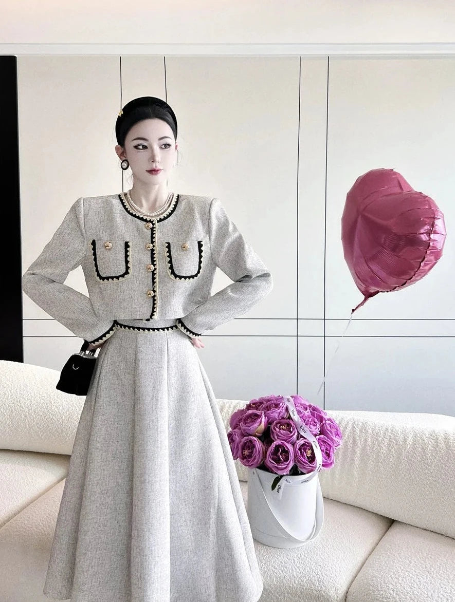 puff sleeve shirt crop top + pleated long skirt suits