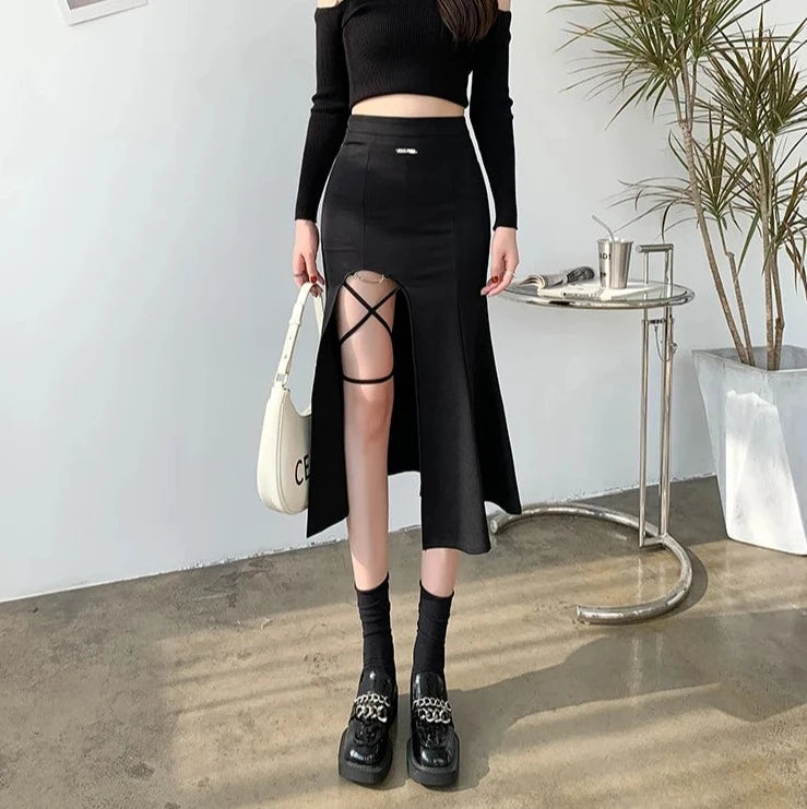 irregular side-slit bandage midi skirts