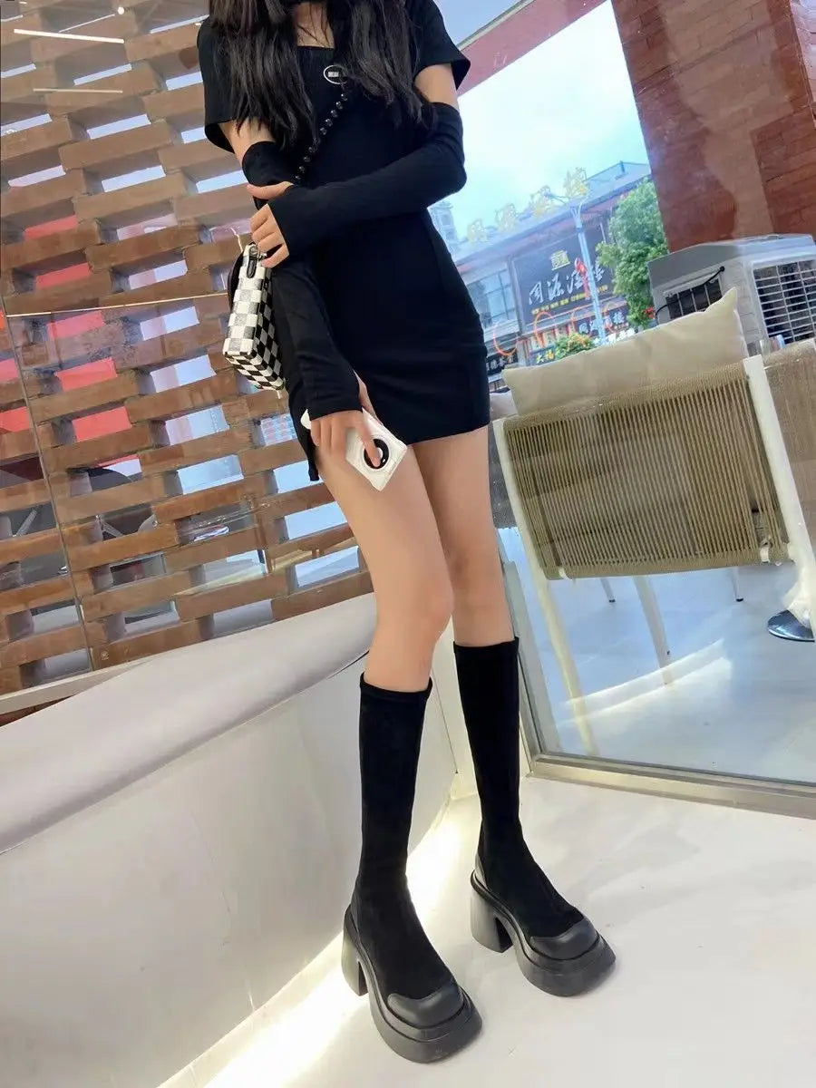 high knee shaft black long boots