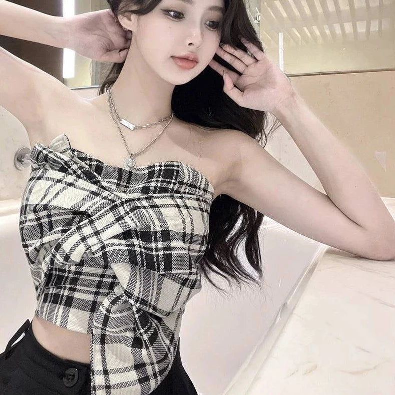 strapless plaid backless crop tops