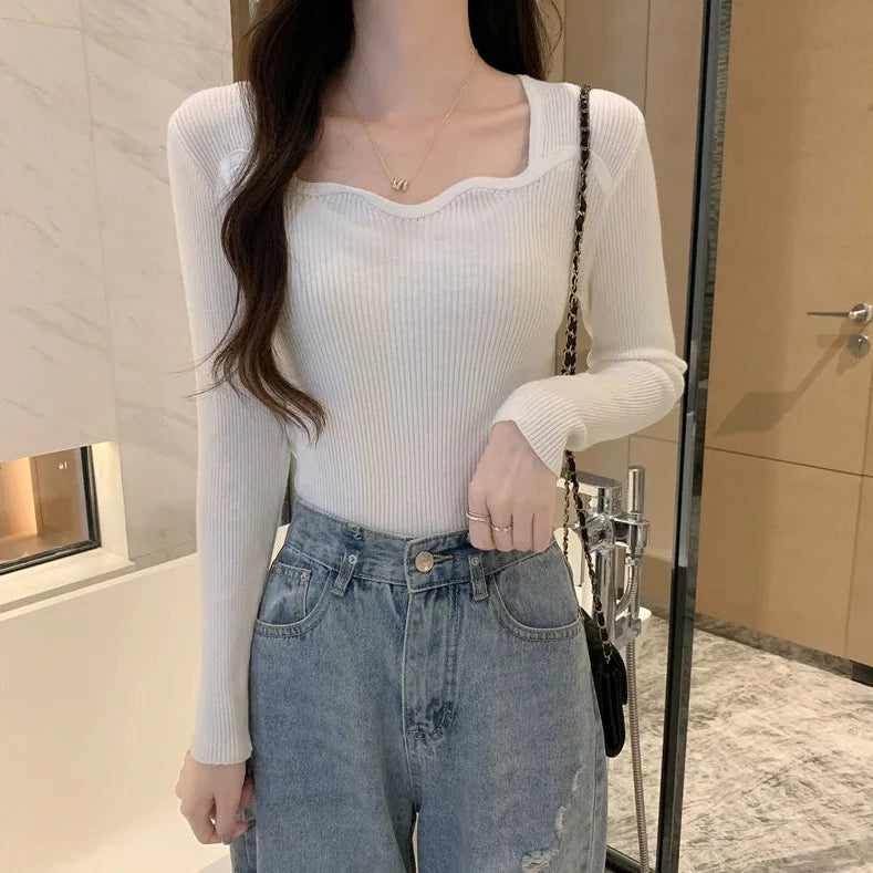 wavy square collar knitted t-shirts