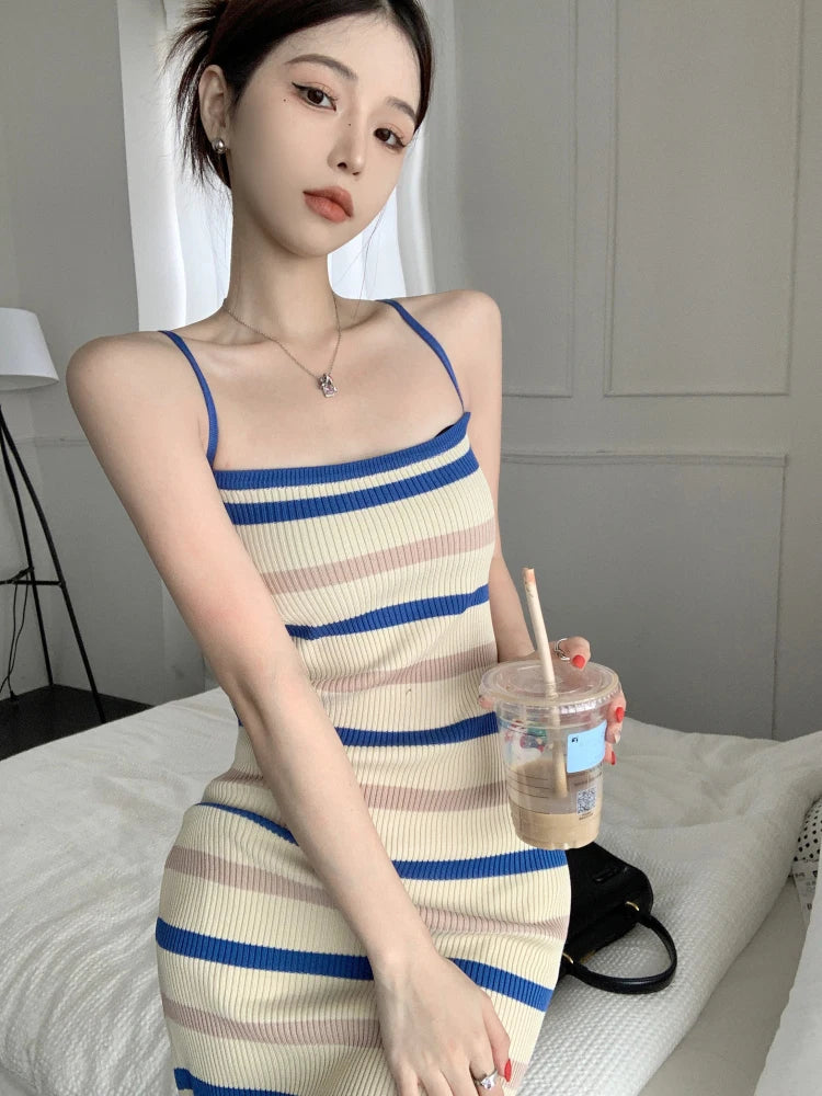 striped knitting midi dresses