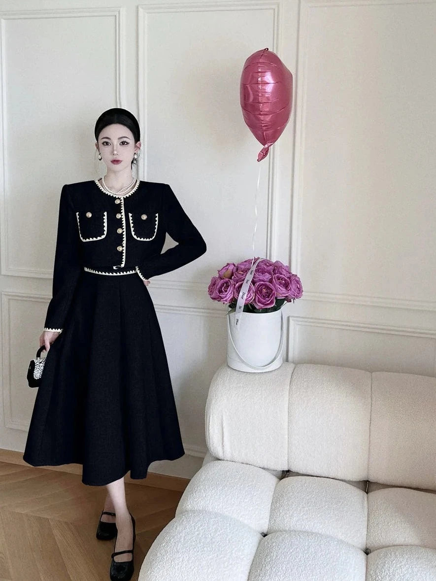 puff sleeve shirt crop top + pleated long skirt suits