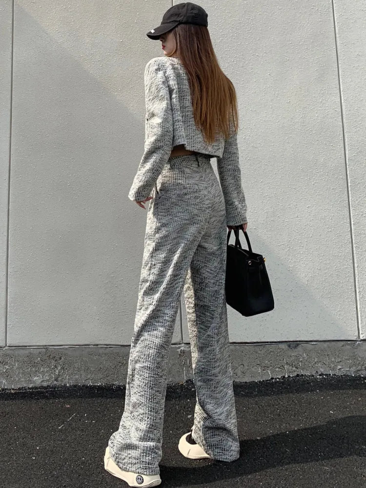 small fragrance tweed  short jacket coat + high waist wide leg pant sets suits