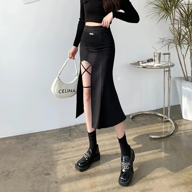 irregular side-slit bandage midi skirts