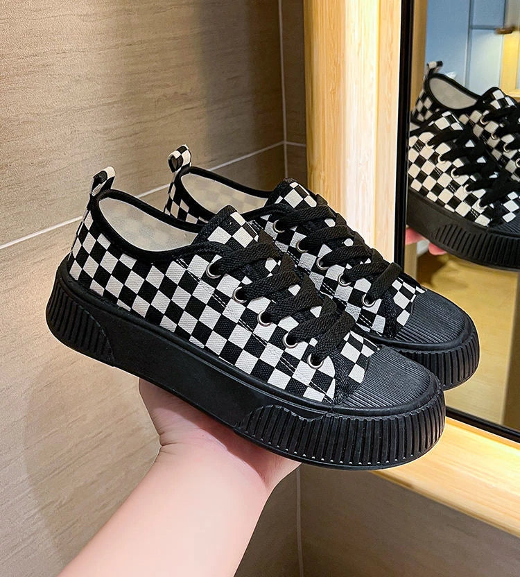 black plaid low canvas sneakers