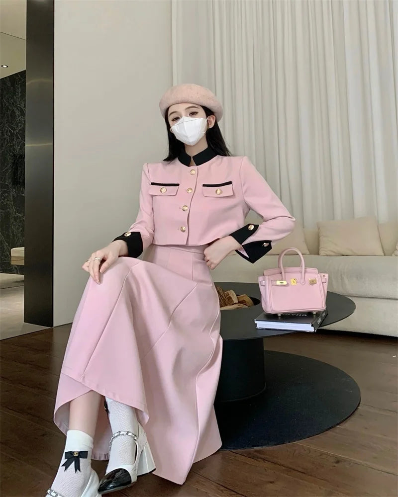 high quality two piece set short jacket coat + long skirt suits