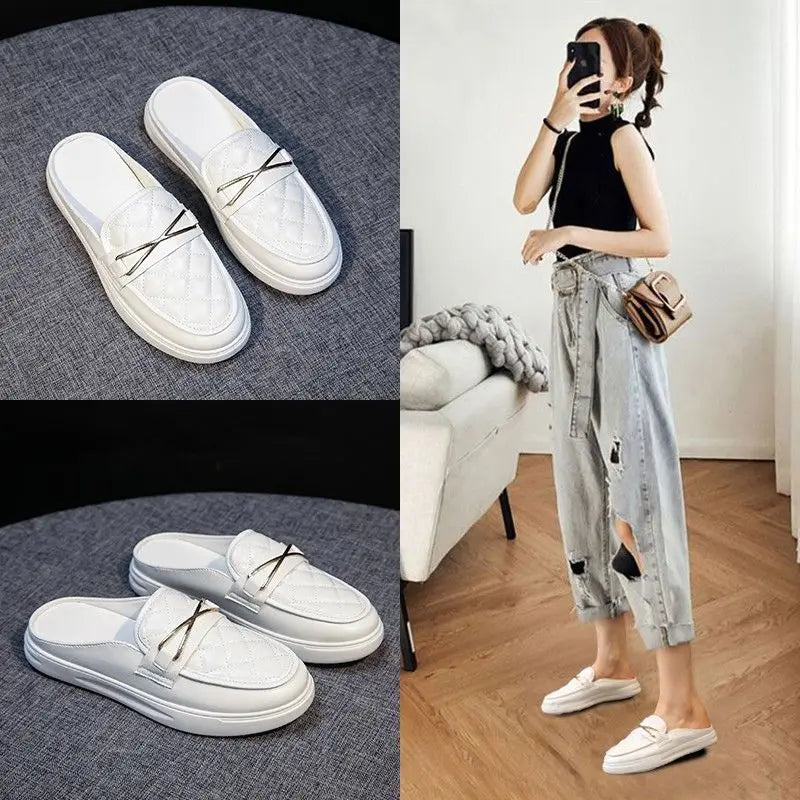 white flat leather slippers