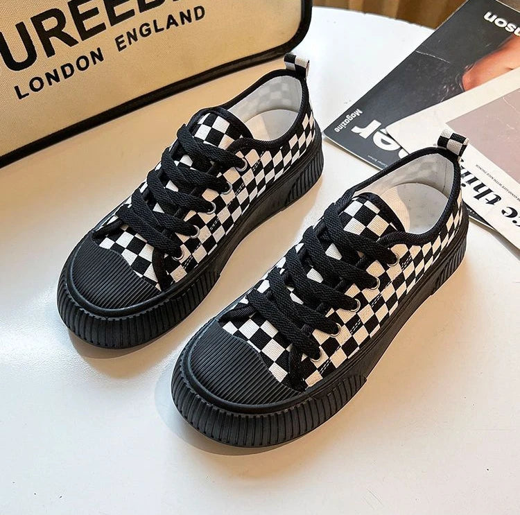 black plaid low canvas sneakers