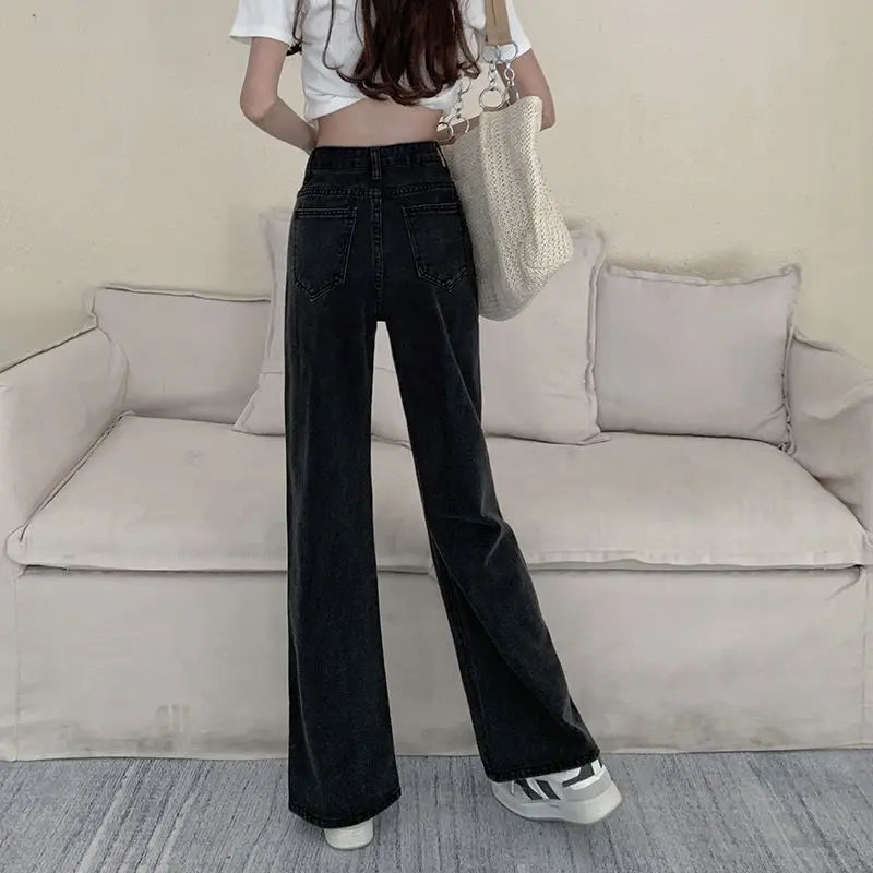 side slit design black wide leg jeans