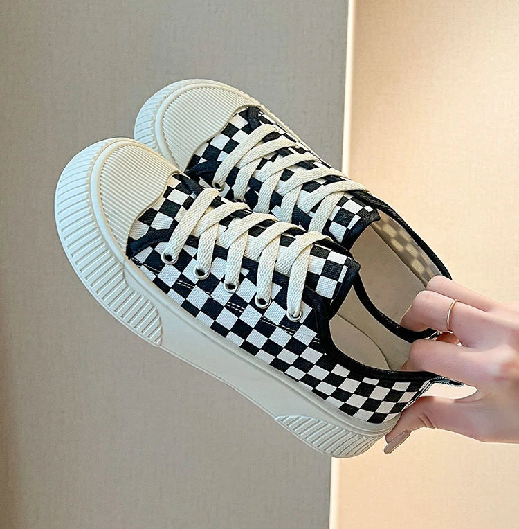 black plaid low canvas sneakers