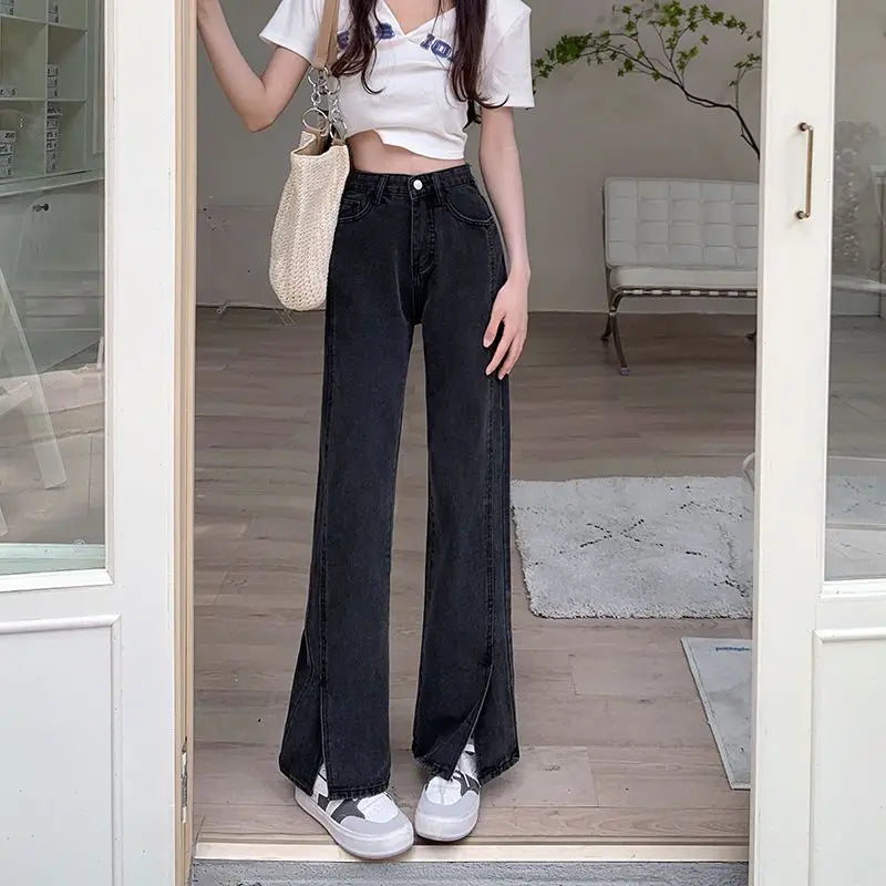 side slit design black wide leg jeans