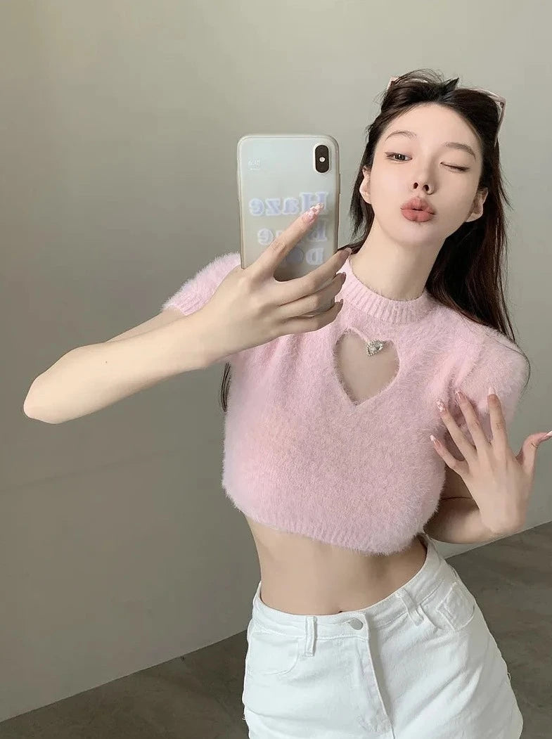 cashmere short sleeve knitted crop tops