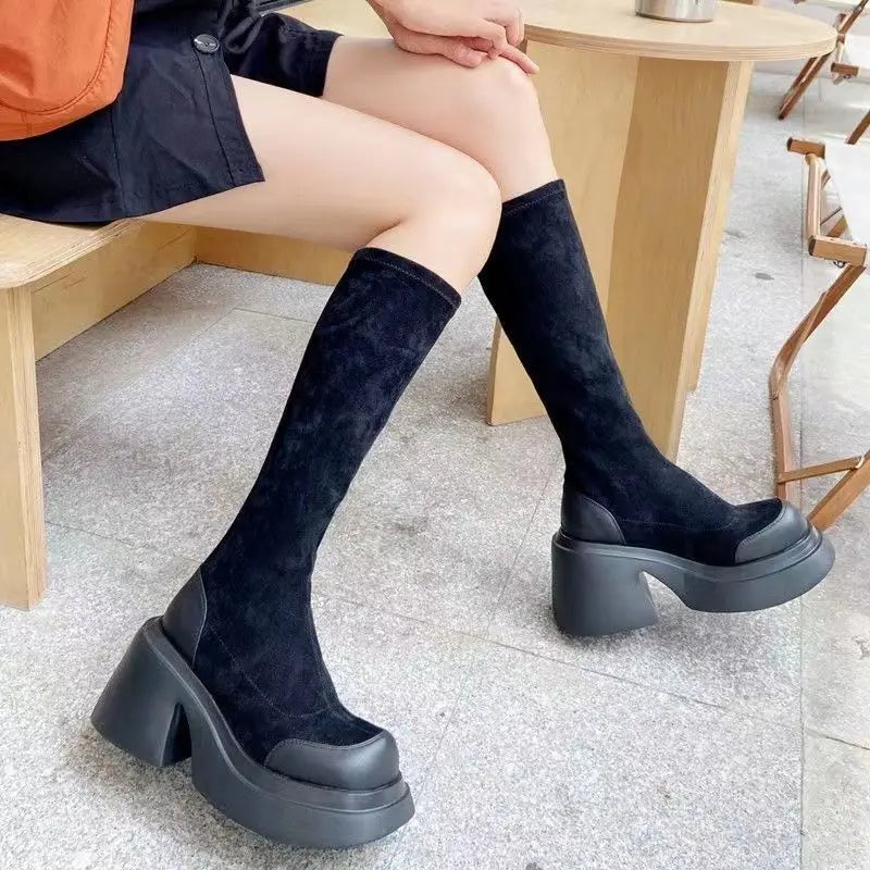 high knee shaft black long boots