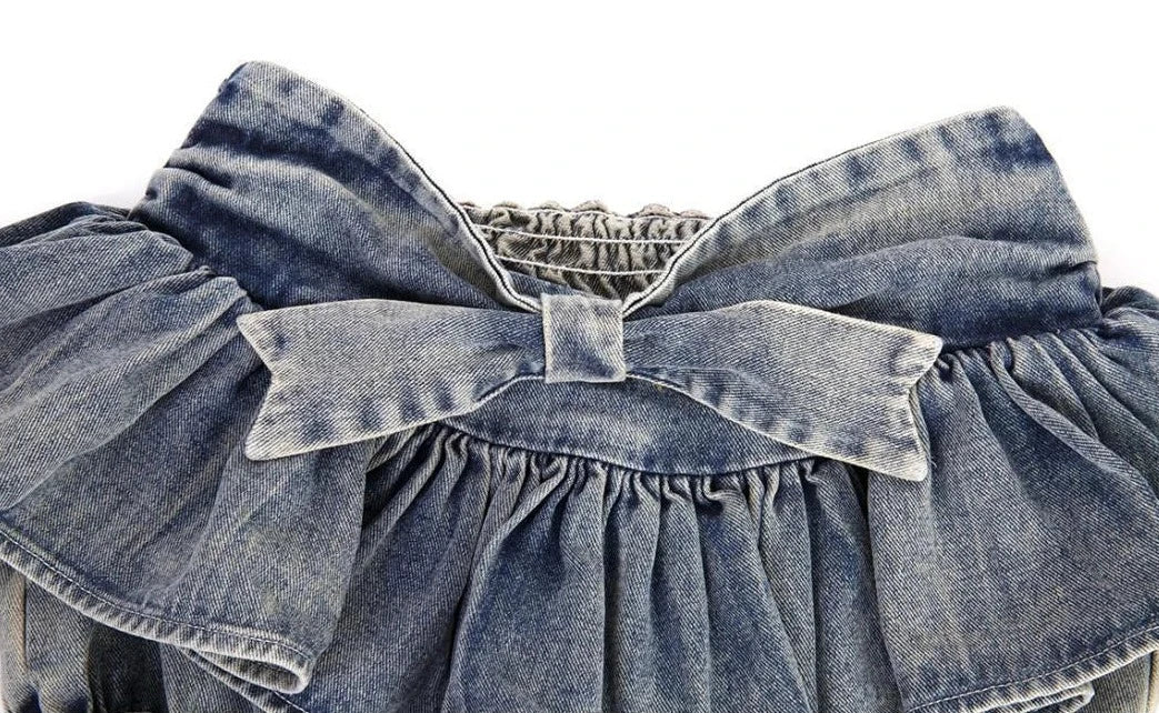 bow denim mini skirts